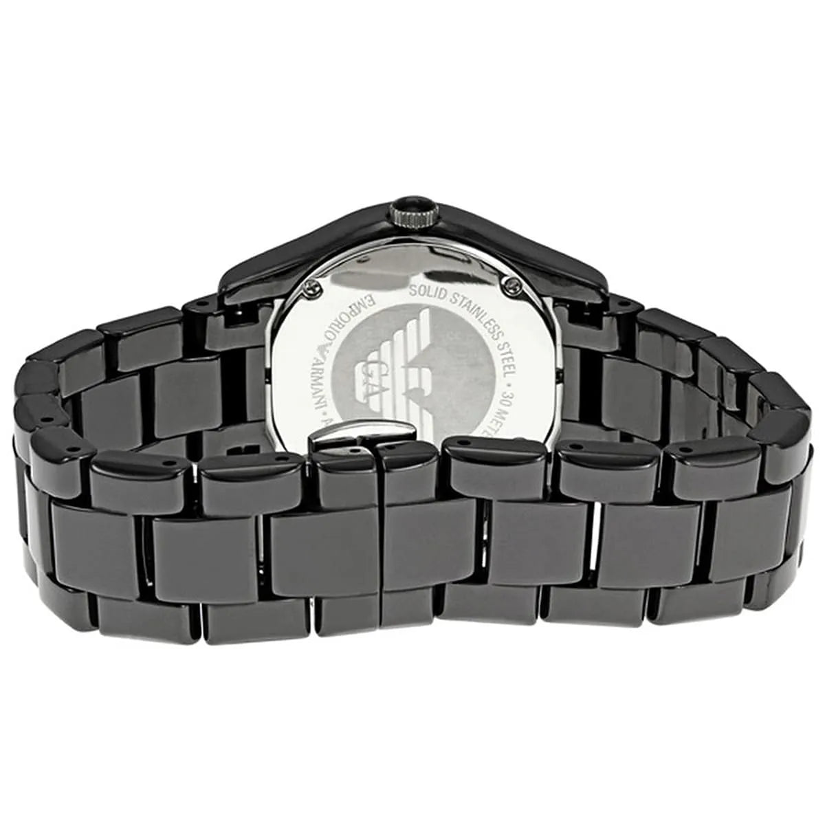 Caseback view of Emporio Armani Ceramica AR1402 watch showing stainless steel backing