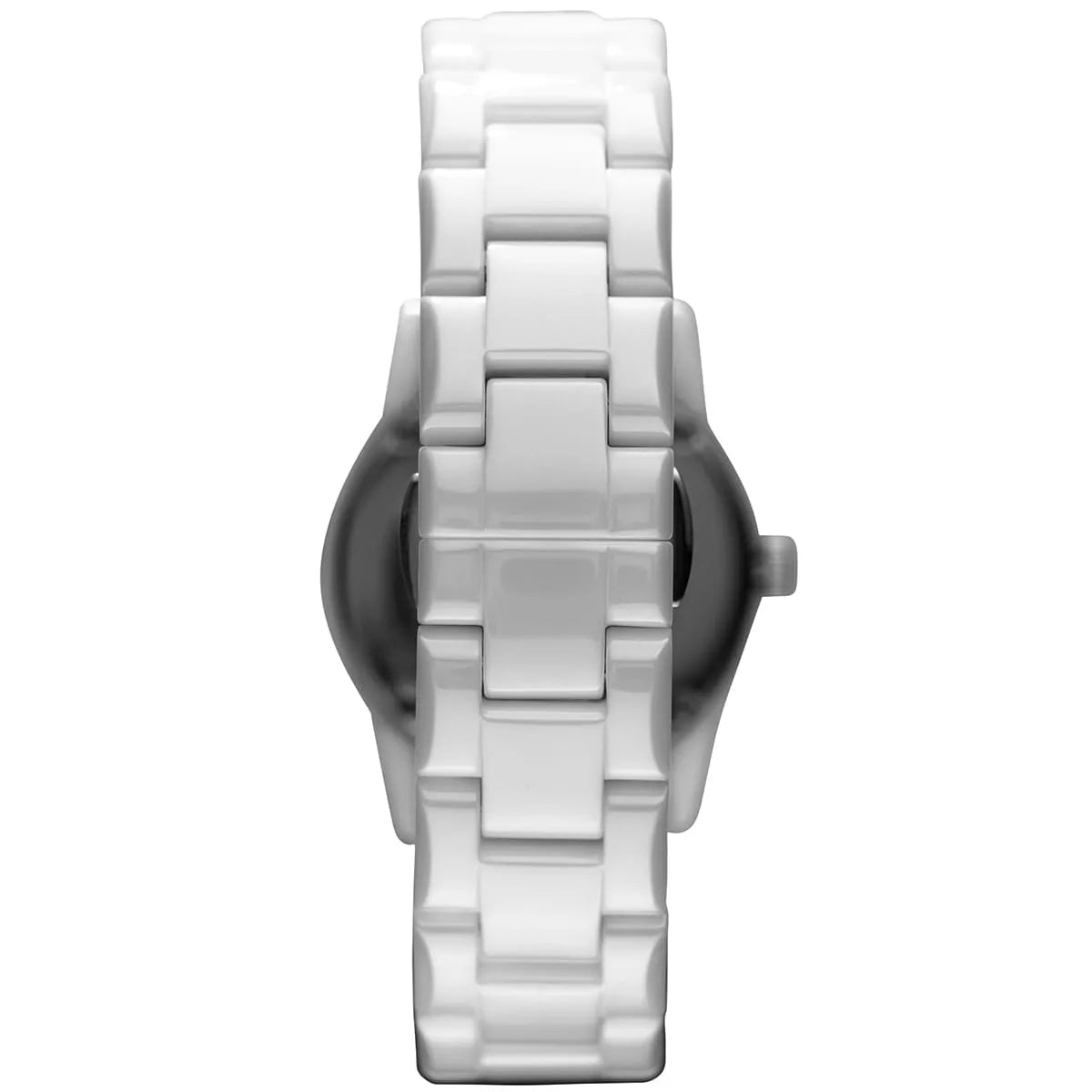 Side view of Emporio Armani AR1405 ceramic strap and caseback detail