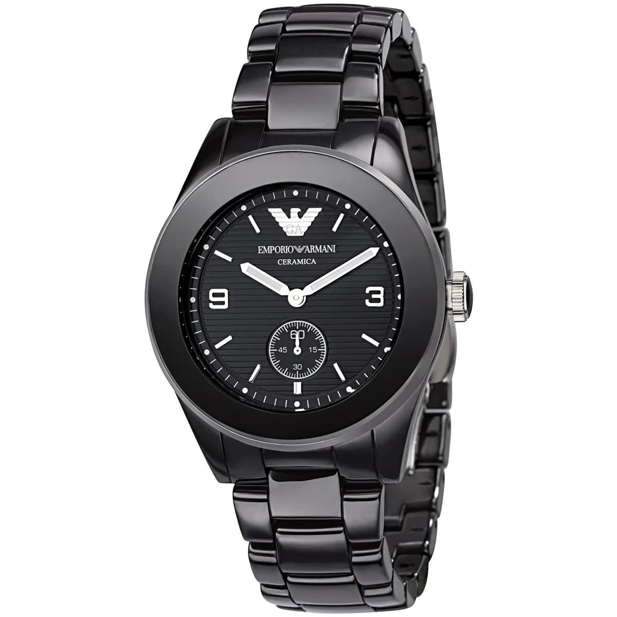 Emporio Armani Ceramica Overseas women's watch three-quarter view showing black ceramic bracelet and case