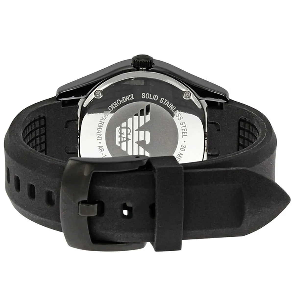 AR1432 Emporio Armani watch caseback displaying solid stainless steel construction and Eagle branding