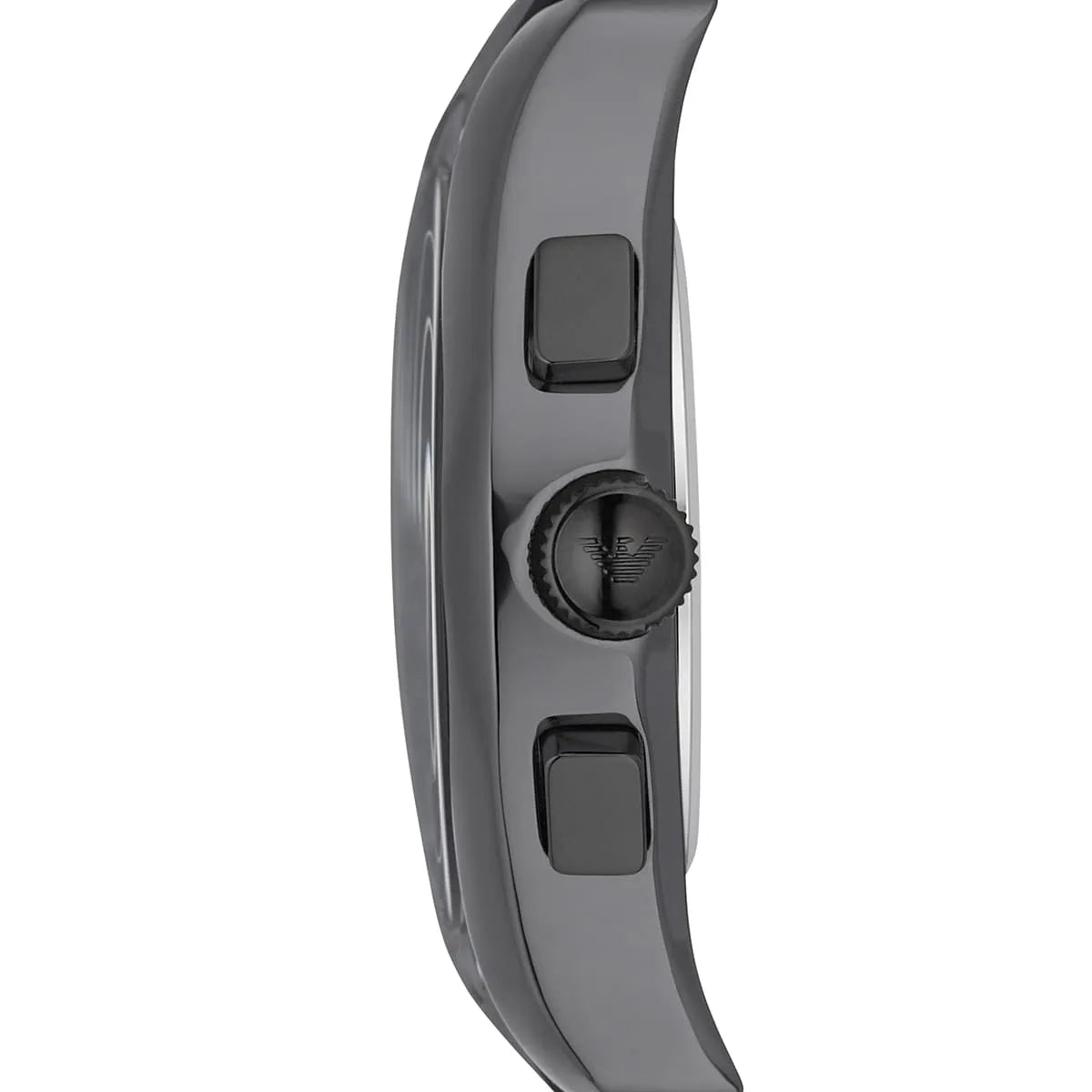 AR1432 Emporio Armani watch side view displaying ceramic case edge and polyurethane strap