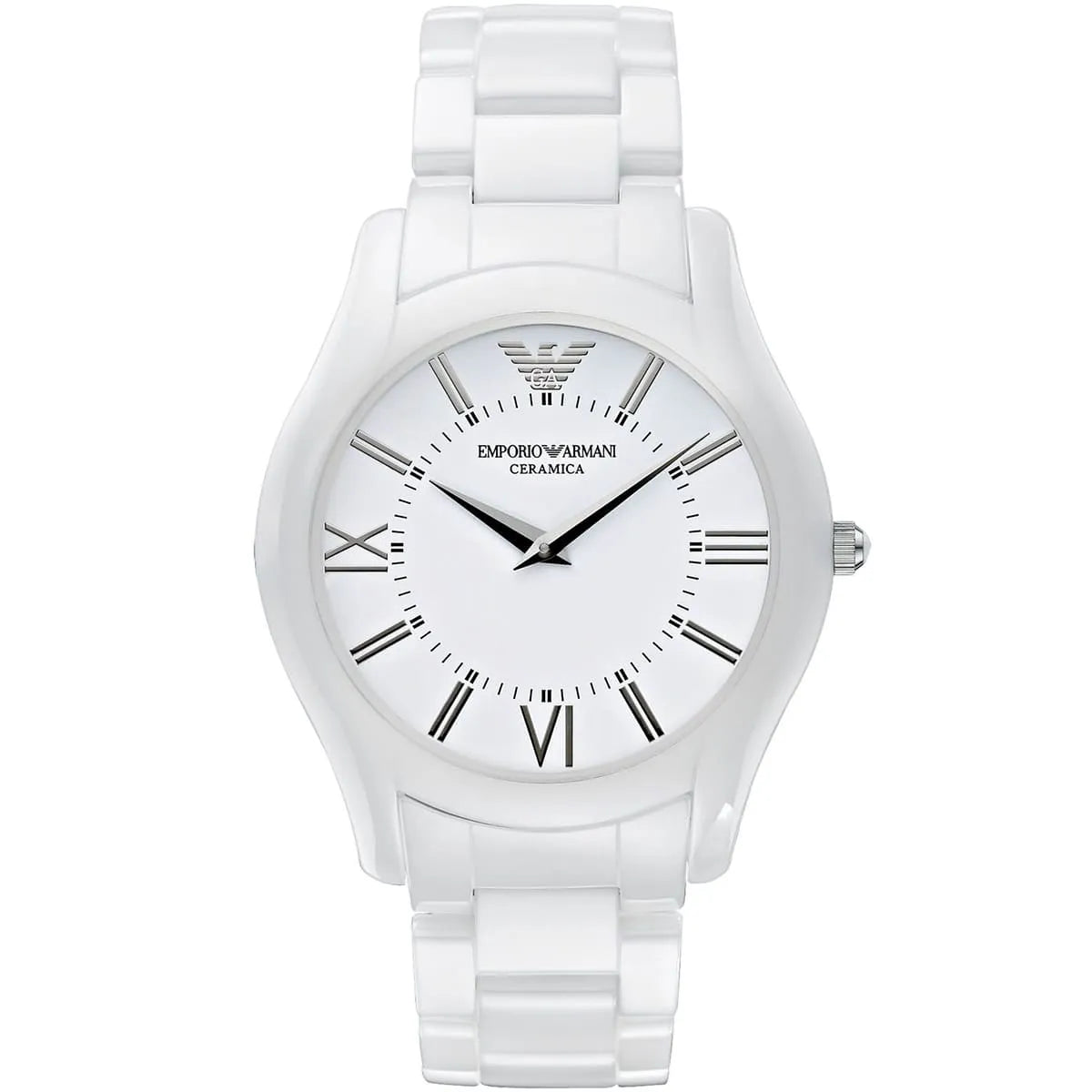 Emporio Armani AR1442 white ceramic watch with white dial and Roman numerals