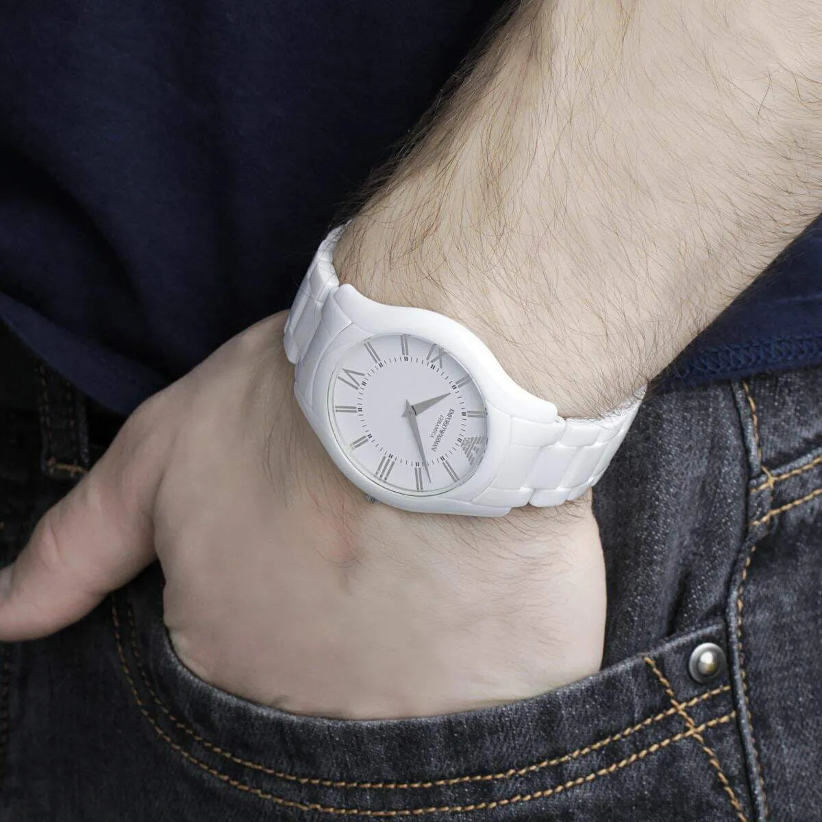 Emporio Armani AR1442 white ceramic watch worn on wrist