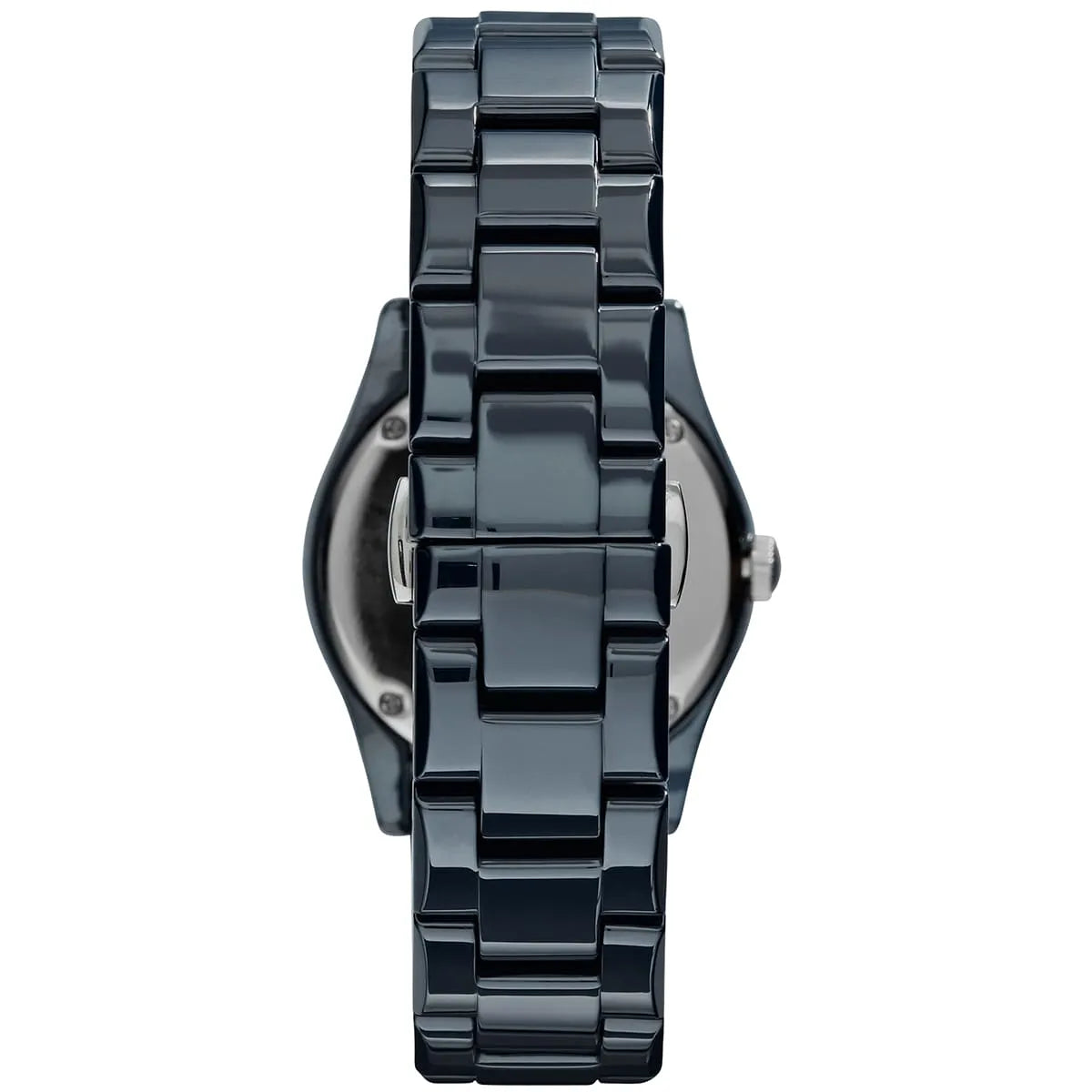 Black ceramic strap and caseback view of Emporio Armani Ceramica AR1471 watch