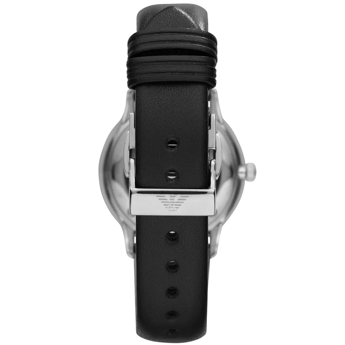 Caseback view of AR1600 with silver-tone case and black leather strap