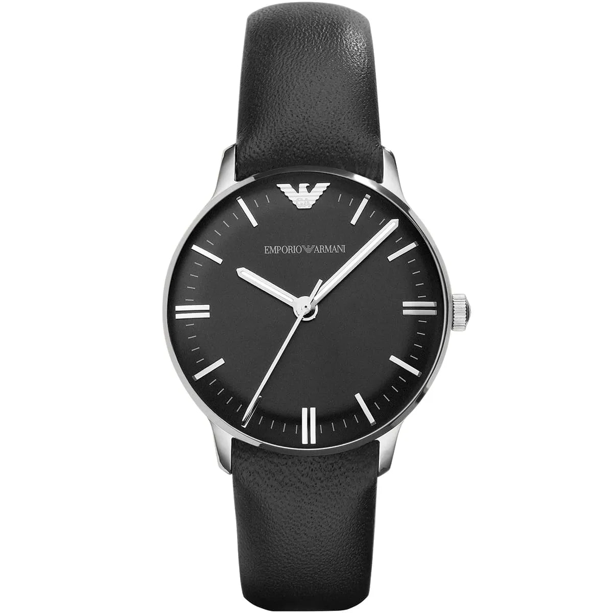 Emporio Armani AR1600 women's watch with black dial, white indices, and black leather strap