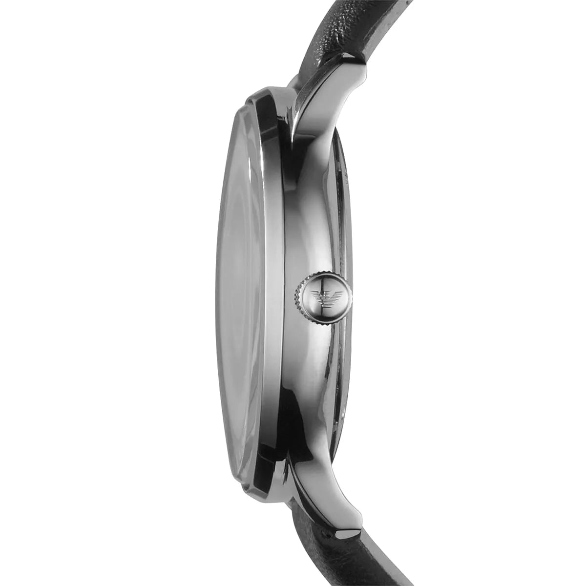 Side profile of AR1600 women's watch with silver-tone case and black leather strap