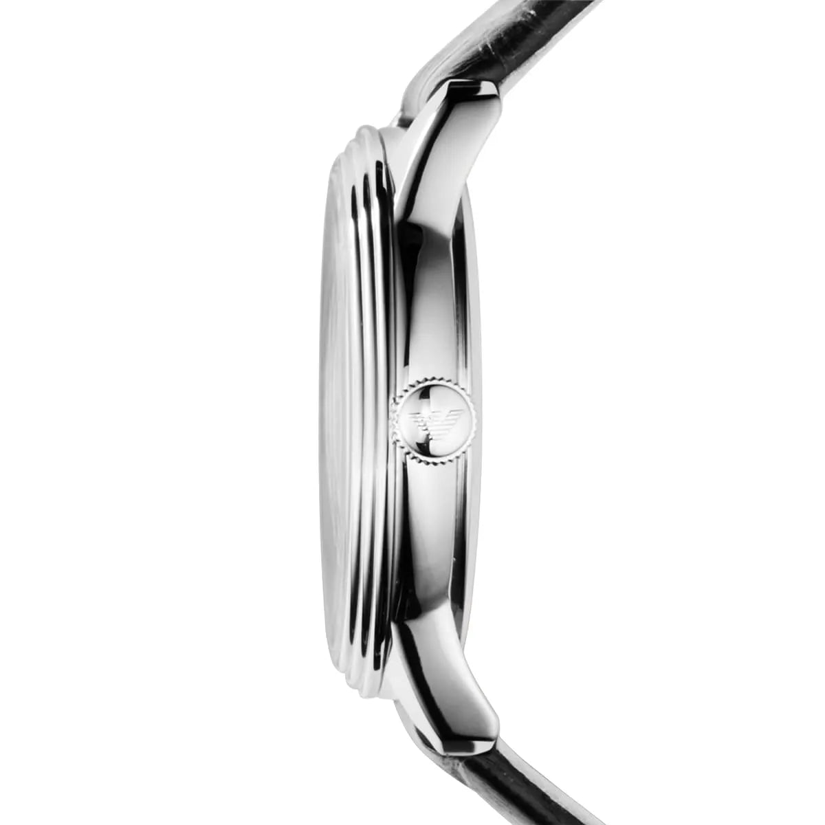 Side profile of Emporio Armani Dino watch showing silver-tone case thickness and black leather strap