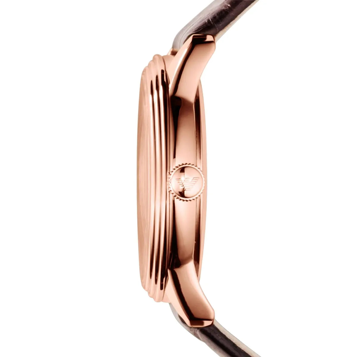 AR1619 Emporio Armani watch profile showing rose gold oval case with textured leather strap