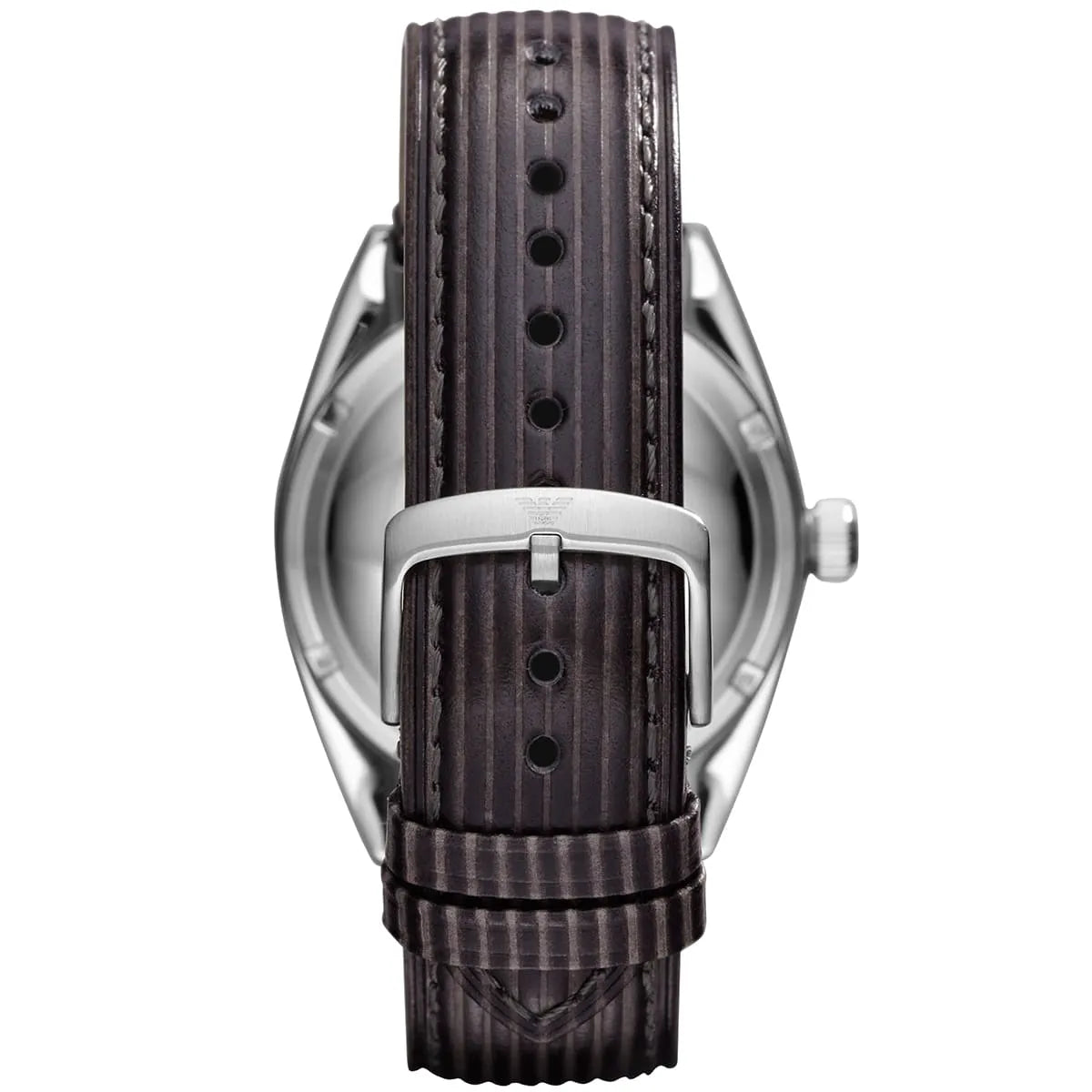 AR1628 watch back view showing black leather strap with stitching detail