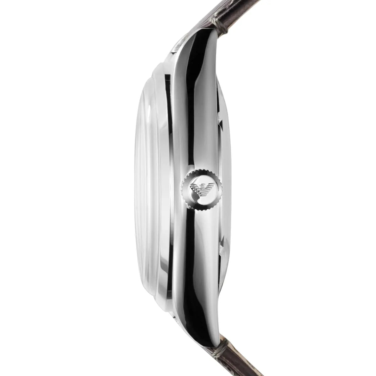 Side profile of Emporio Armani AR1628 watch showing stainless steel case and strap