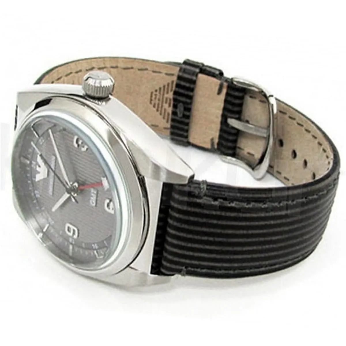 Emporio Armani AR1628 watch on wrist with black textured leather strap
