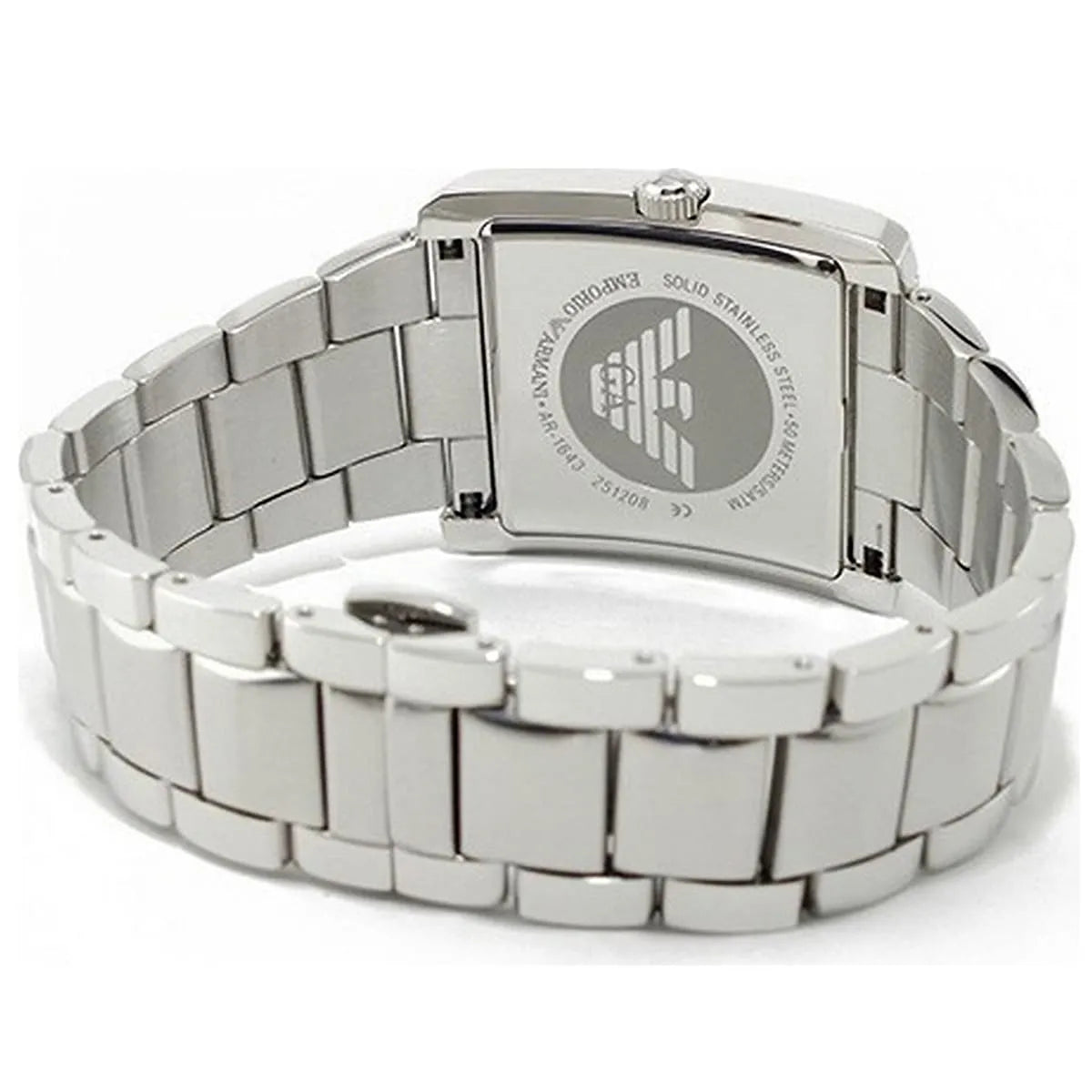 AR1643 Emporio Armani watch case back showing stainless steel construction