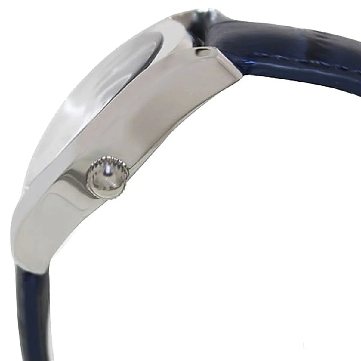 Close-up of Emporio Armani AR1668 case side and crown with navy leather strap