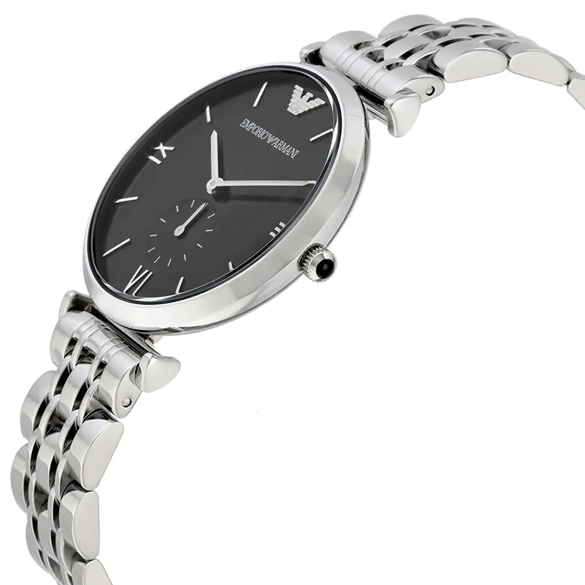 Emporio Armani AR1676 watch at angle showing black dial and metal strap detail