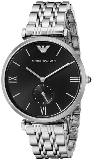 Side view of Emporio Armani AR1676 watch with stainless steel bracelet and black dial