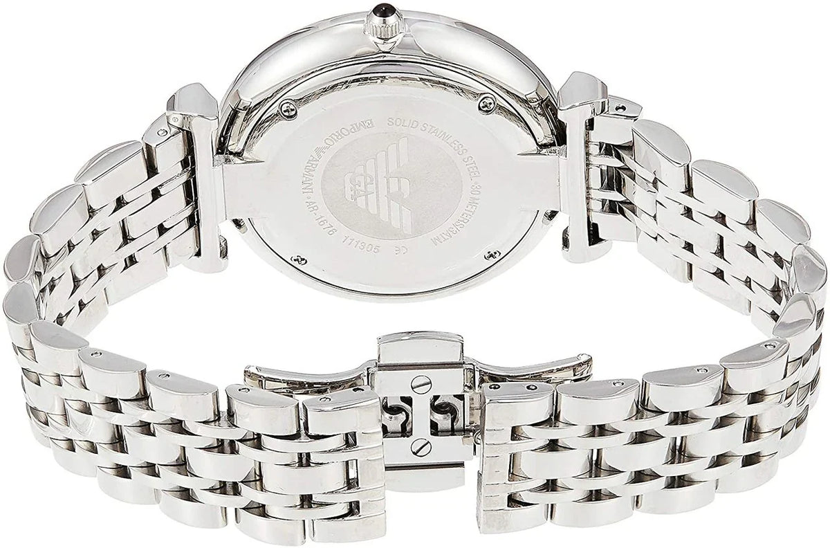 Stainless steel bracelet and caseback of Emporio Armani AR1676 with fold-over clasp
