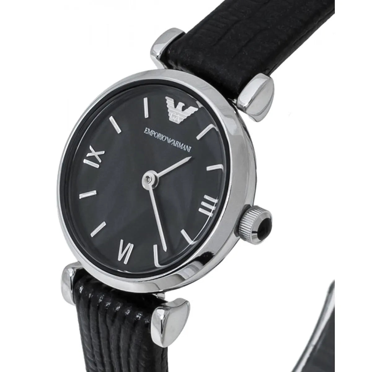 Emporio Armani Gianni T-Bar women's watch at angle displaying black dial with Roman numerals and quilted leather strap