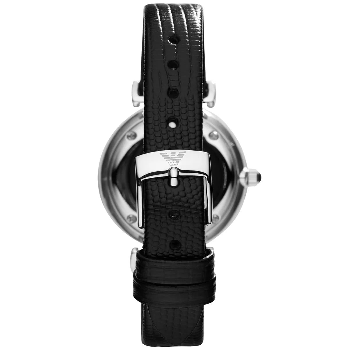 Emporio Armani Gianni T-Bar watch caseback showing eagle logo and stainless steel with black leather strap