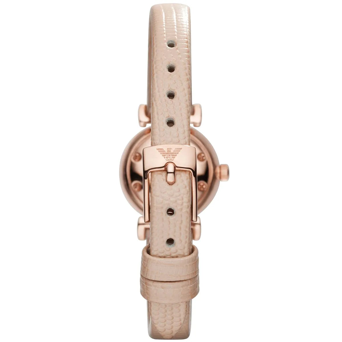 Emporio Armani AR1687 watch caseback showing rose gold case back with Emporio Armani logo