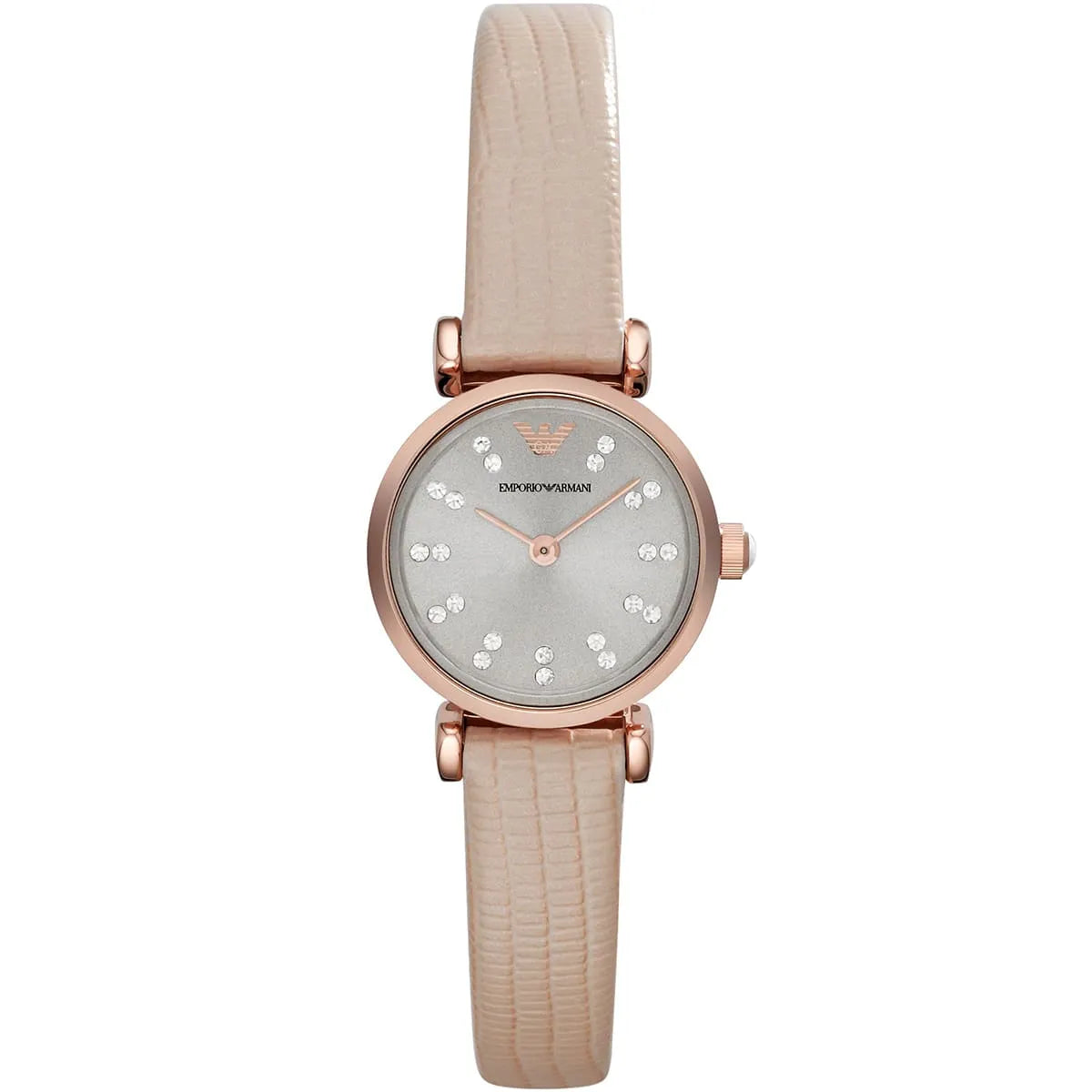 Emporio Armani Gianni T-Bar Mini watch front view with grey dial and crystal hour markers