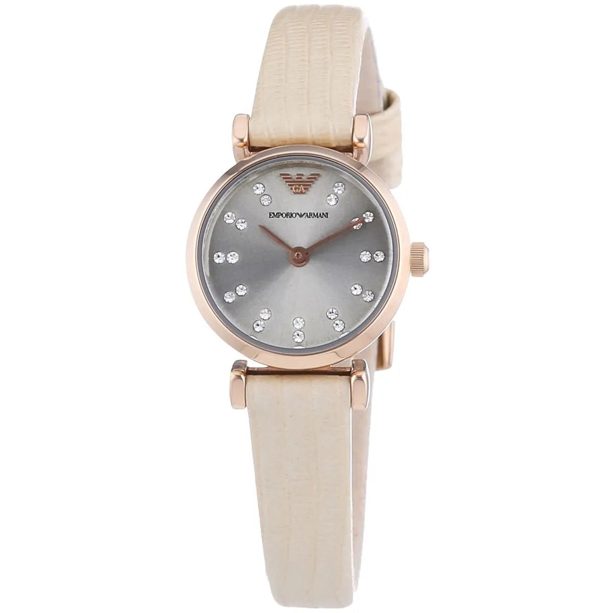 Emporio Armani Gianni T-Bar Mini watch with grey dial, rose gold case, and beige leather strap