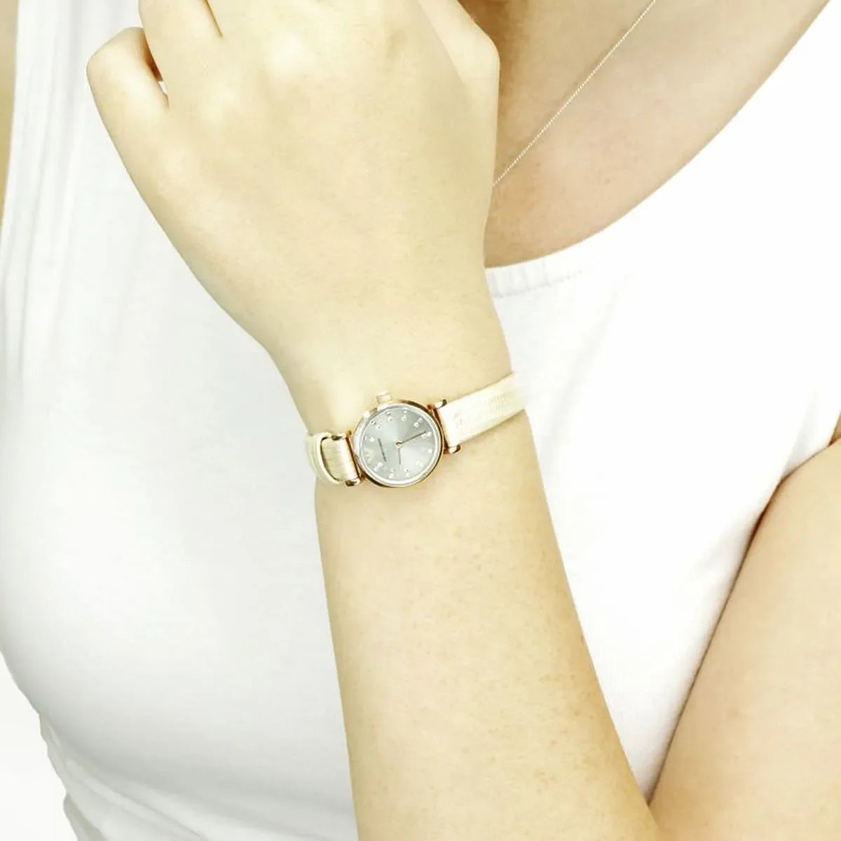 Emporio Armani AR1687 Gianni T-Bar Mini watch worn on wrist with beige leather strap