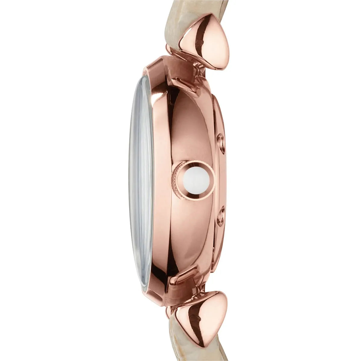 Emporio Armani AR1687 watch side profile showing rose gold T-bar case with beige strap