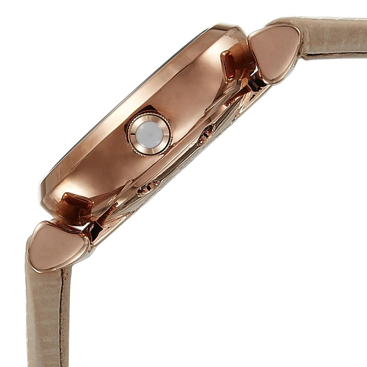 Emporio Armani Gianni T-Bar Mini watch side view of rose gold case and beige leather strap