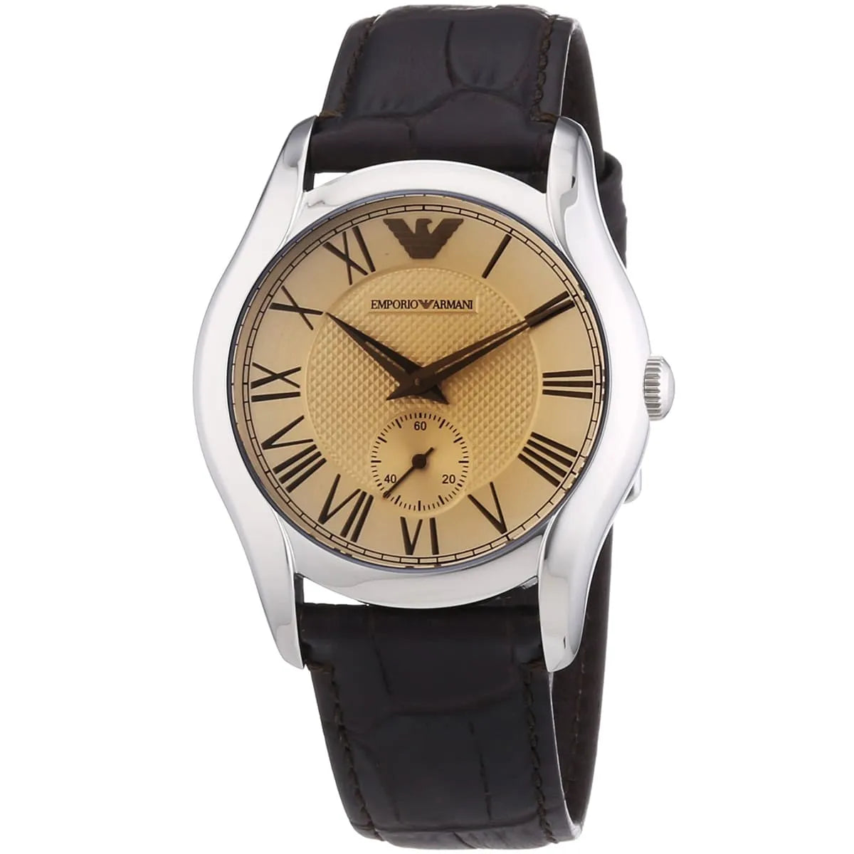 Three-quarter view of AR1709 showing amber dial with subdial and brown leather strap