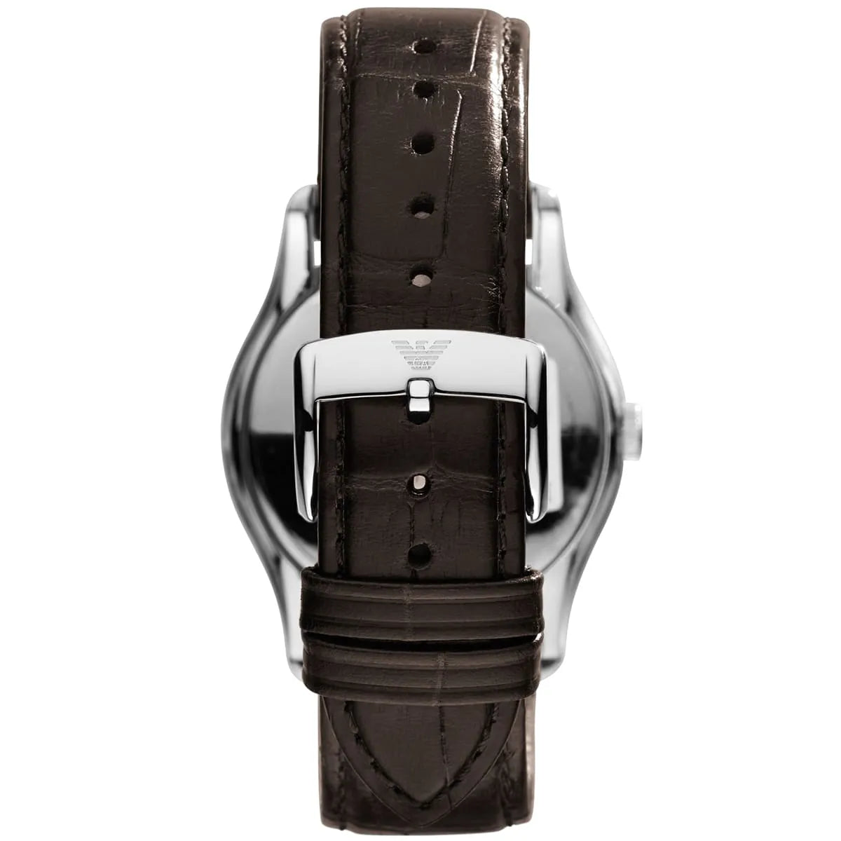 Caseback of AR1709 with stainless steel case and brown leather strap detail