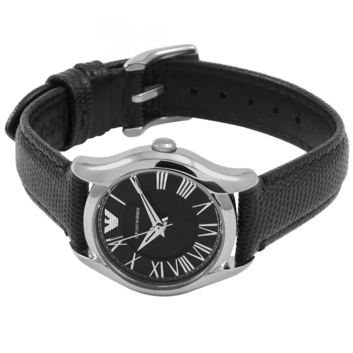 Emporio Armani AR1712 on wrist with black leather strap and silver case