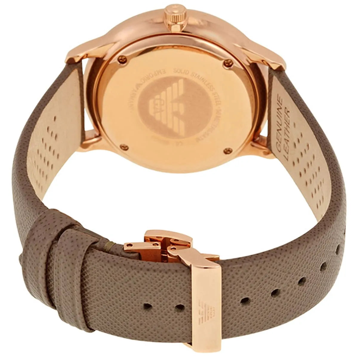 Emporio Armani AR1723 back view of rose gold case with leather strap and buckle