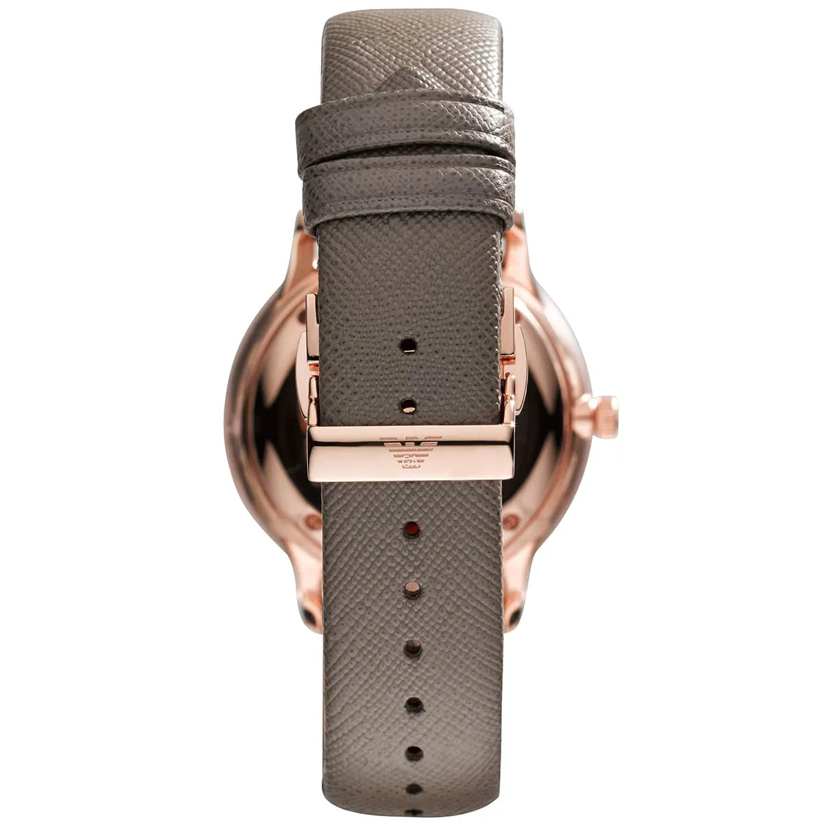 Emporio Armani AR1723 caseback showing rose gold case with Emporio Armani branding