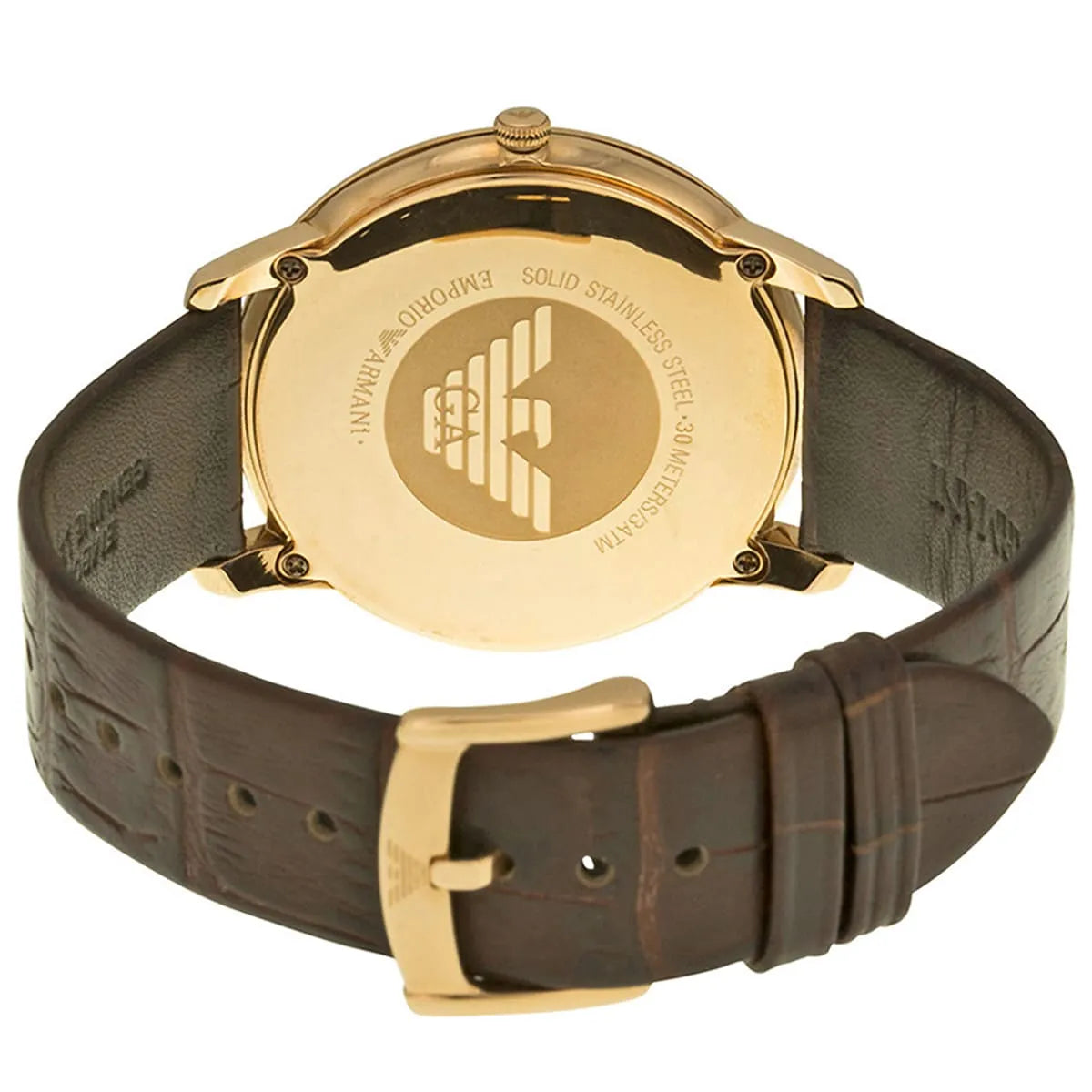Emporio Armani AR1743 caseback detail showing eagle logo and solid stainless steel case marking