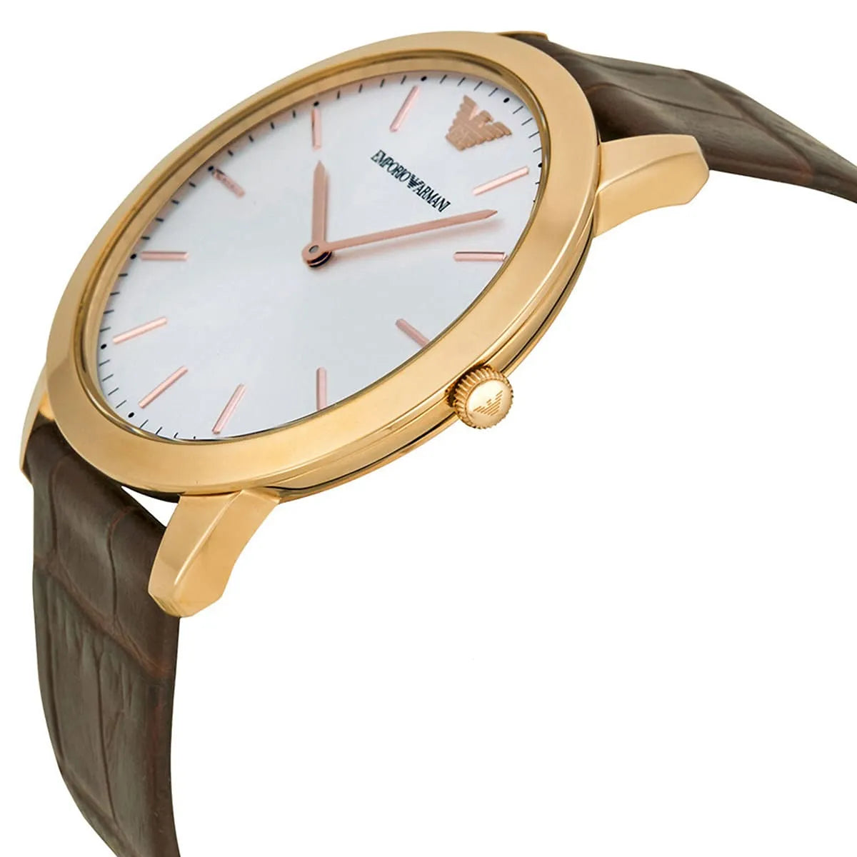 Emporio Armani Dino Slim AR1743 side profile showing case thickness and brown leather band