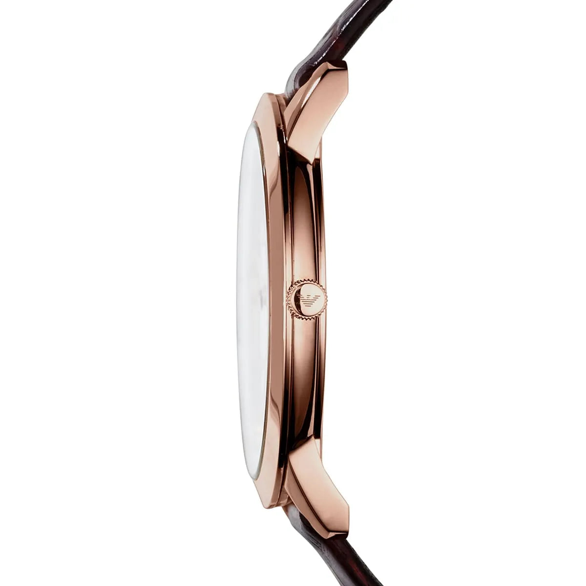 Emporio Armani Dino Slim AR1743 side view showing slim profile, crown, and brown leather strap