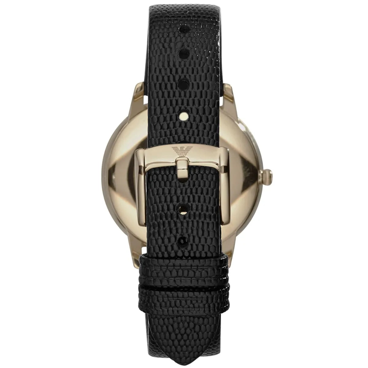 Back view of Emporio Armani Dino Slim Medium watch showing case back and black leather strap