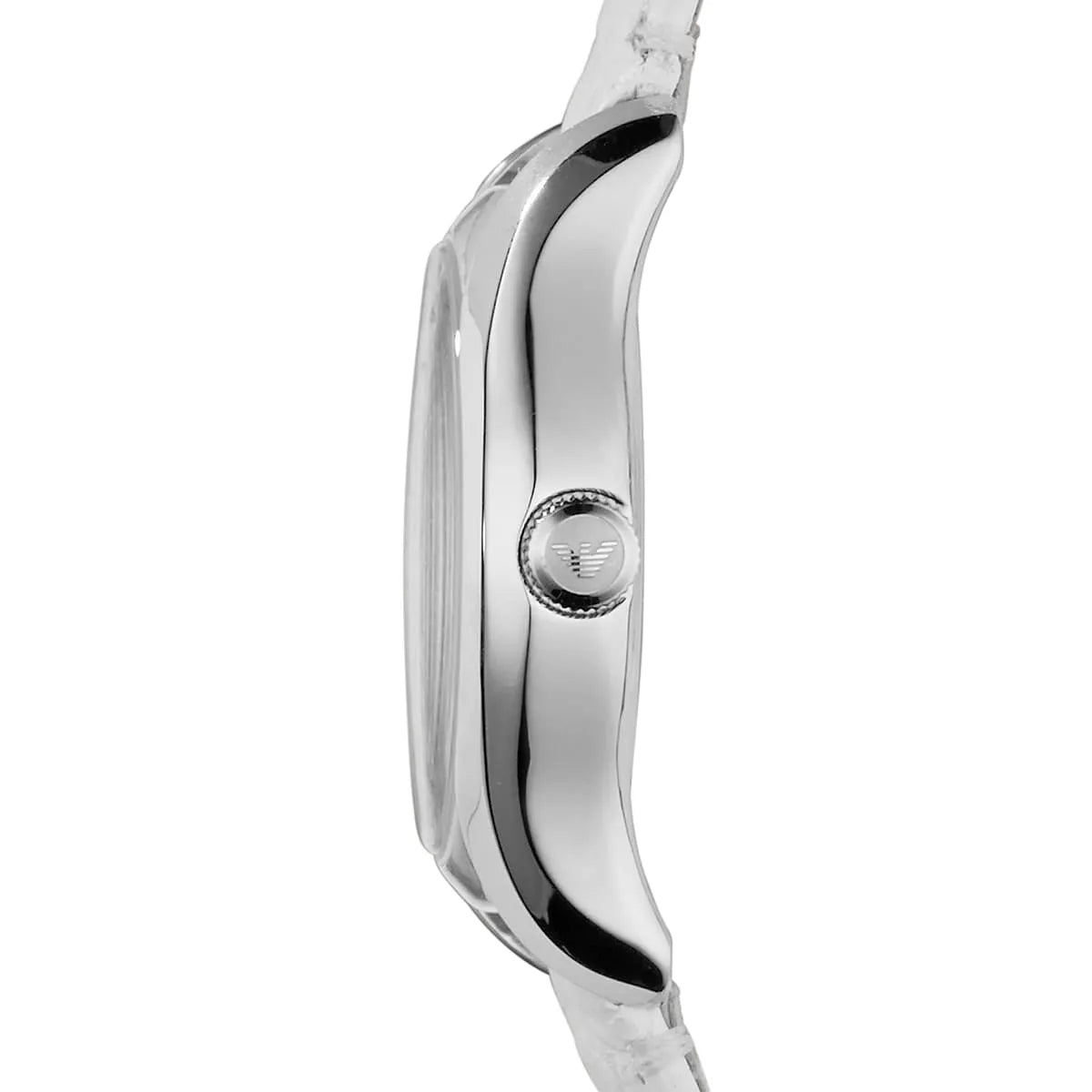 Side profile of Emporio Armani Valente watch showing case thickness and strap