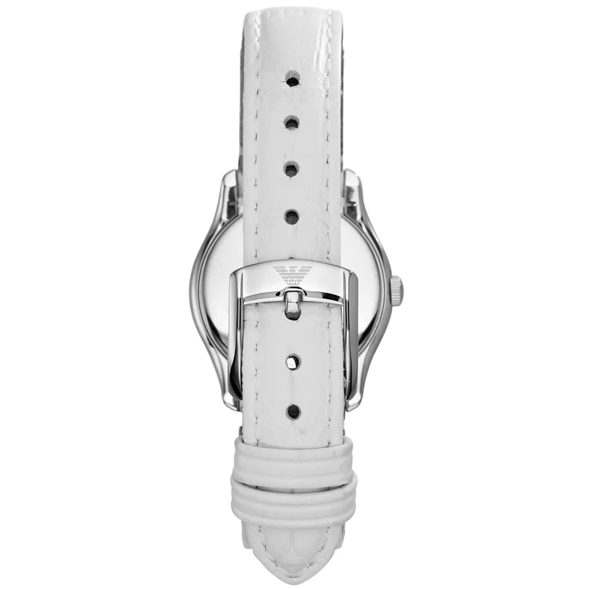 White leather strap with adjustable holes and silver buckle clasp
