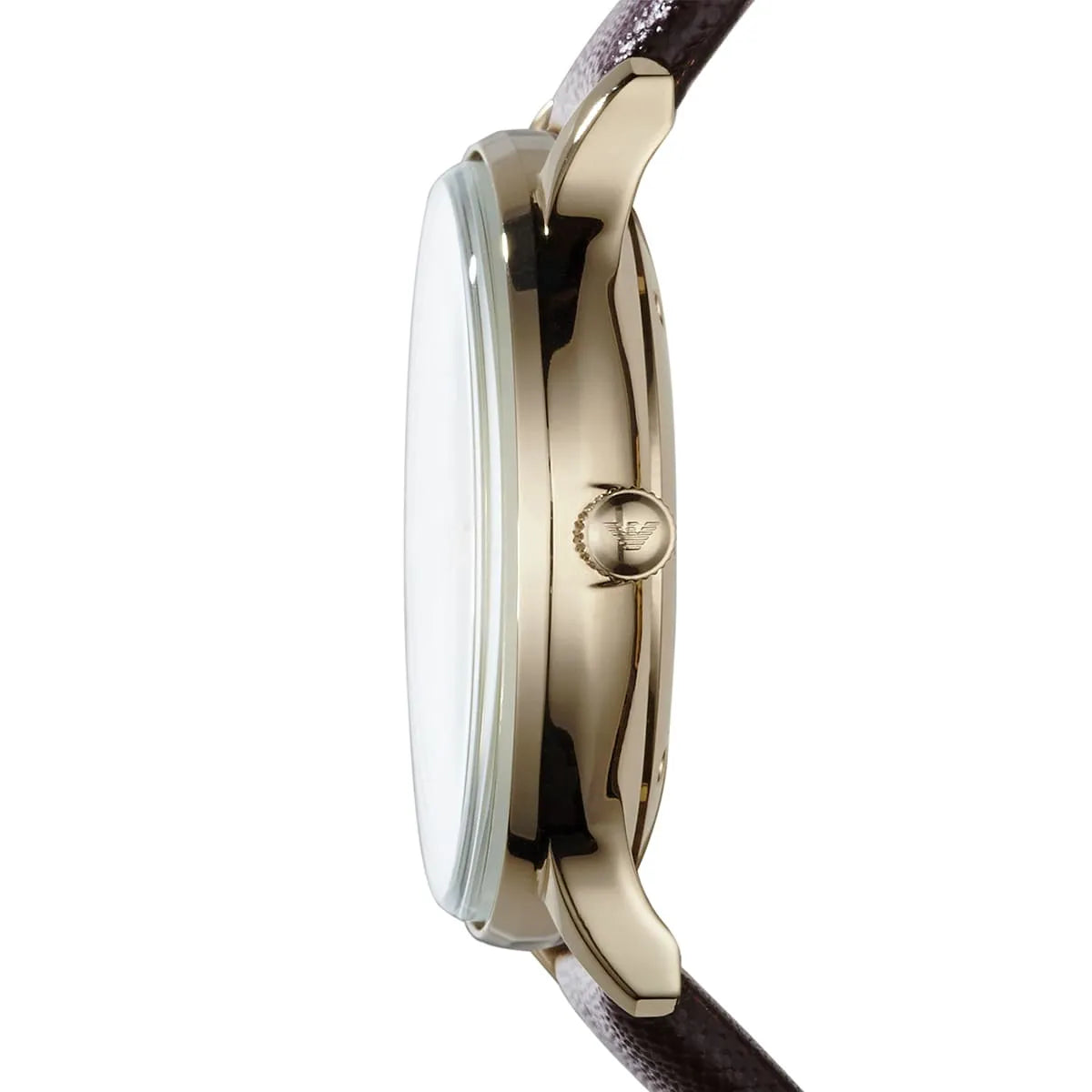 Side profile of Emporio Armani Alpha Medium watch displaying gold-tone case thickness