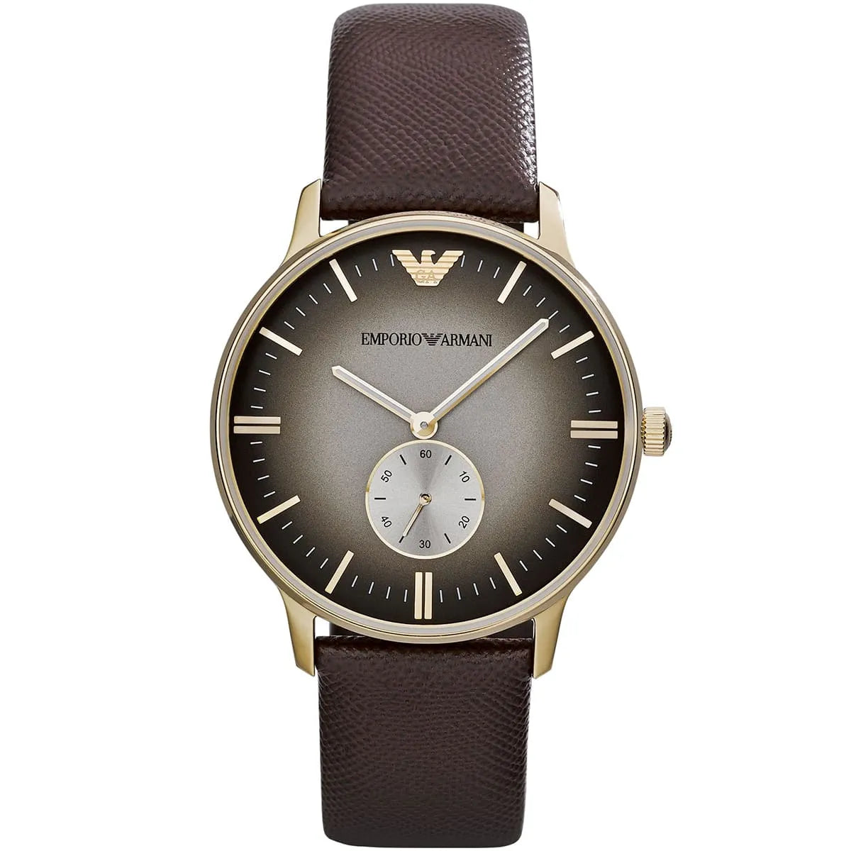 Emporio Armani Alpha Medium watch with brown sunburst dial, gold-tone case, and brown leather strap