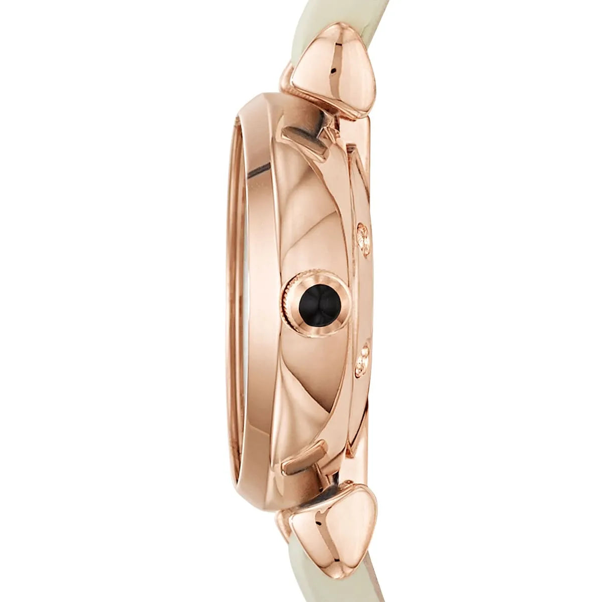 Side profile of Emporio Armani Gianni T-Bar Mini showing rose gold case and black dial detail