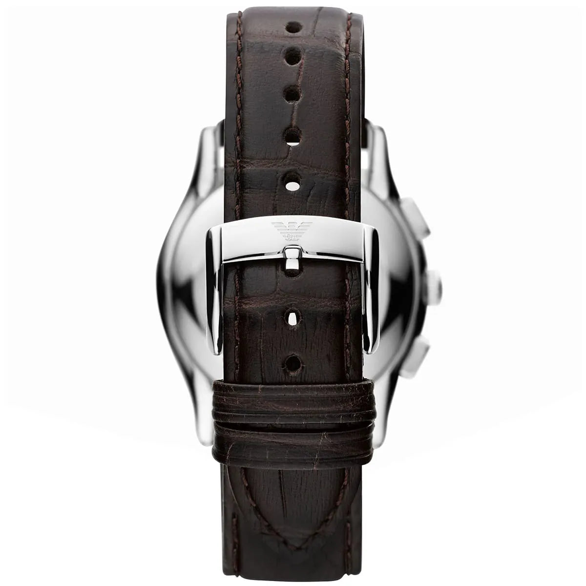 Emporio Armani Luigi AR1790 watch caseback showing brown leather strap