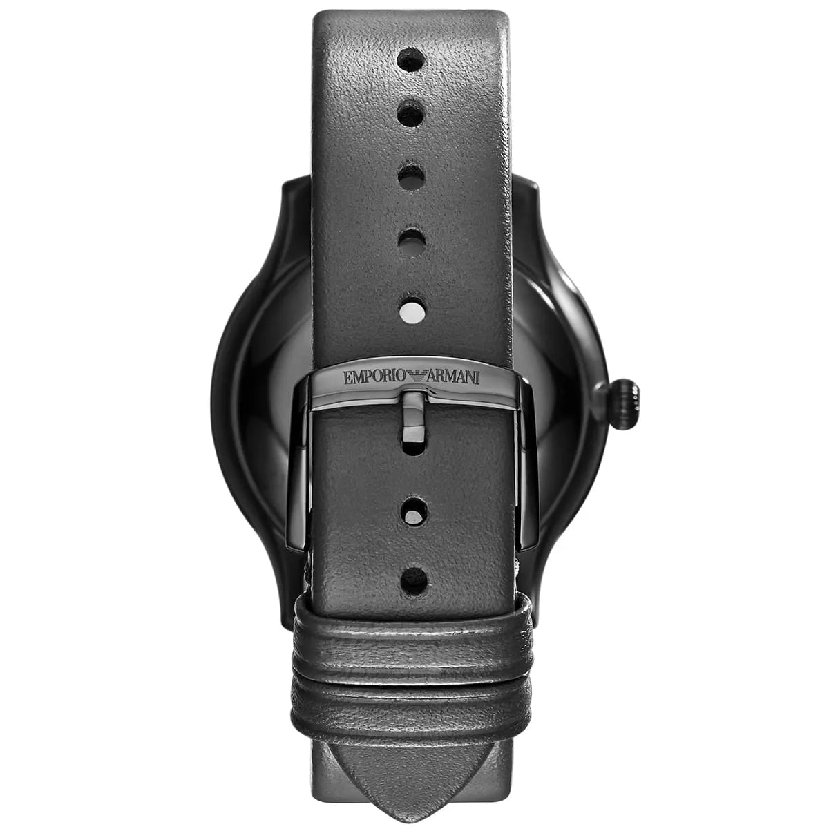 Emporio Armani Renato AR1800 watch caseback showing grey leather strap and buckle