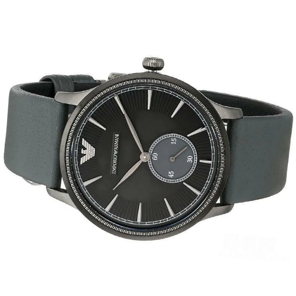Emporio Armani Renato AR1800 on wrist with black dial and grey leather strap