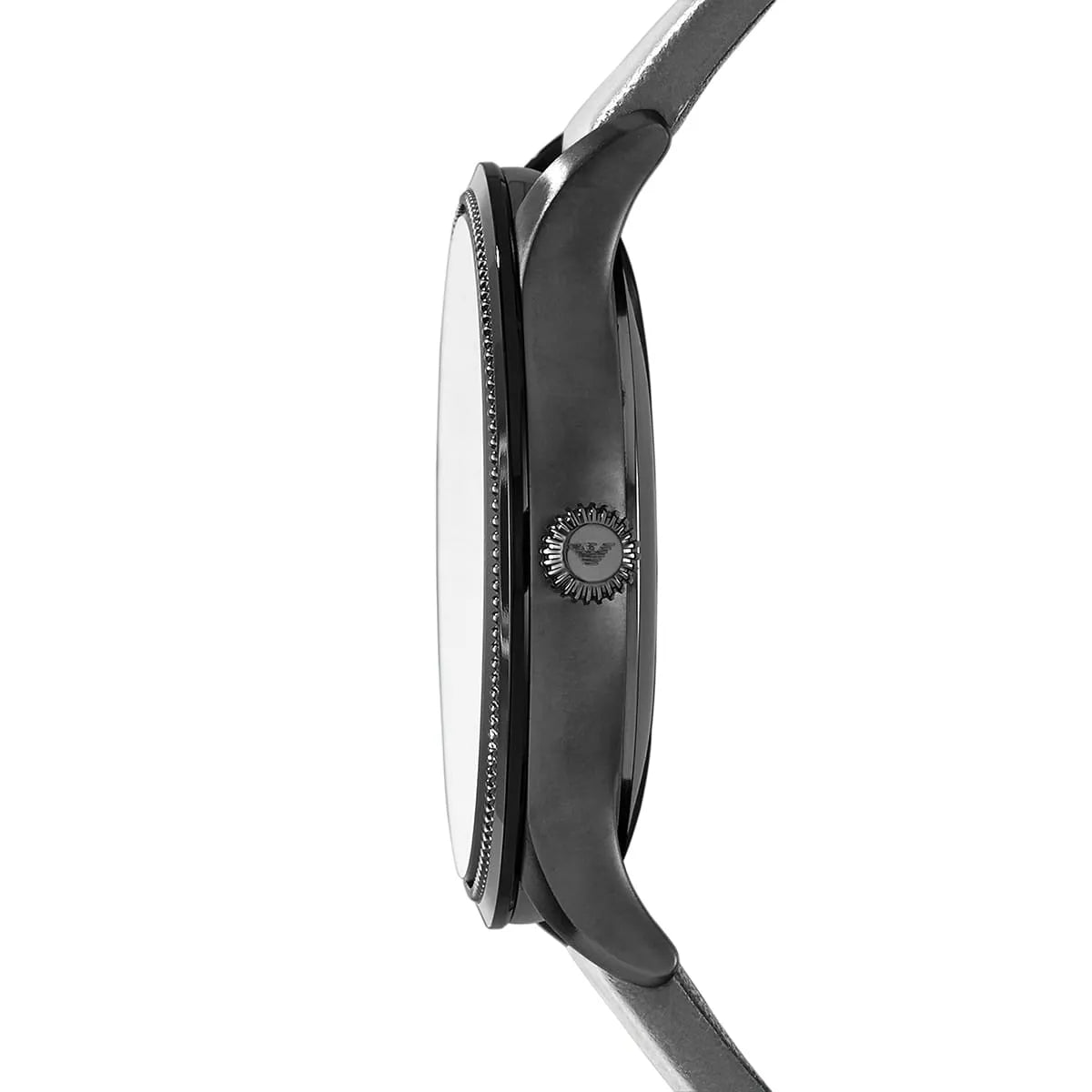 Emporio Armani Renato AR1800 watch shown from side view with grey leather strap