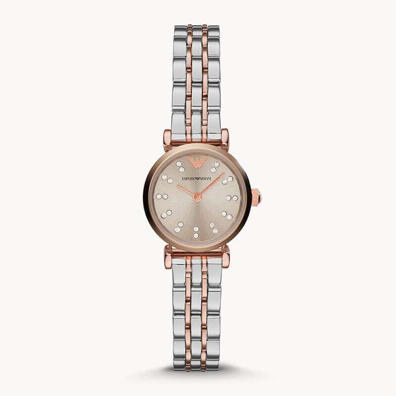 AR1841 Emporio Armani women's watch featuring diamond-set beige dial with three hands