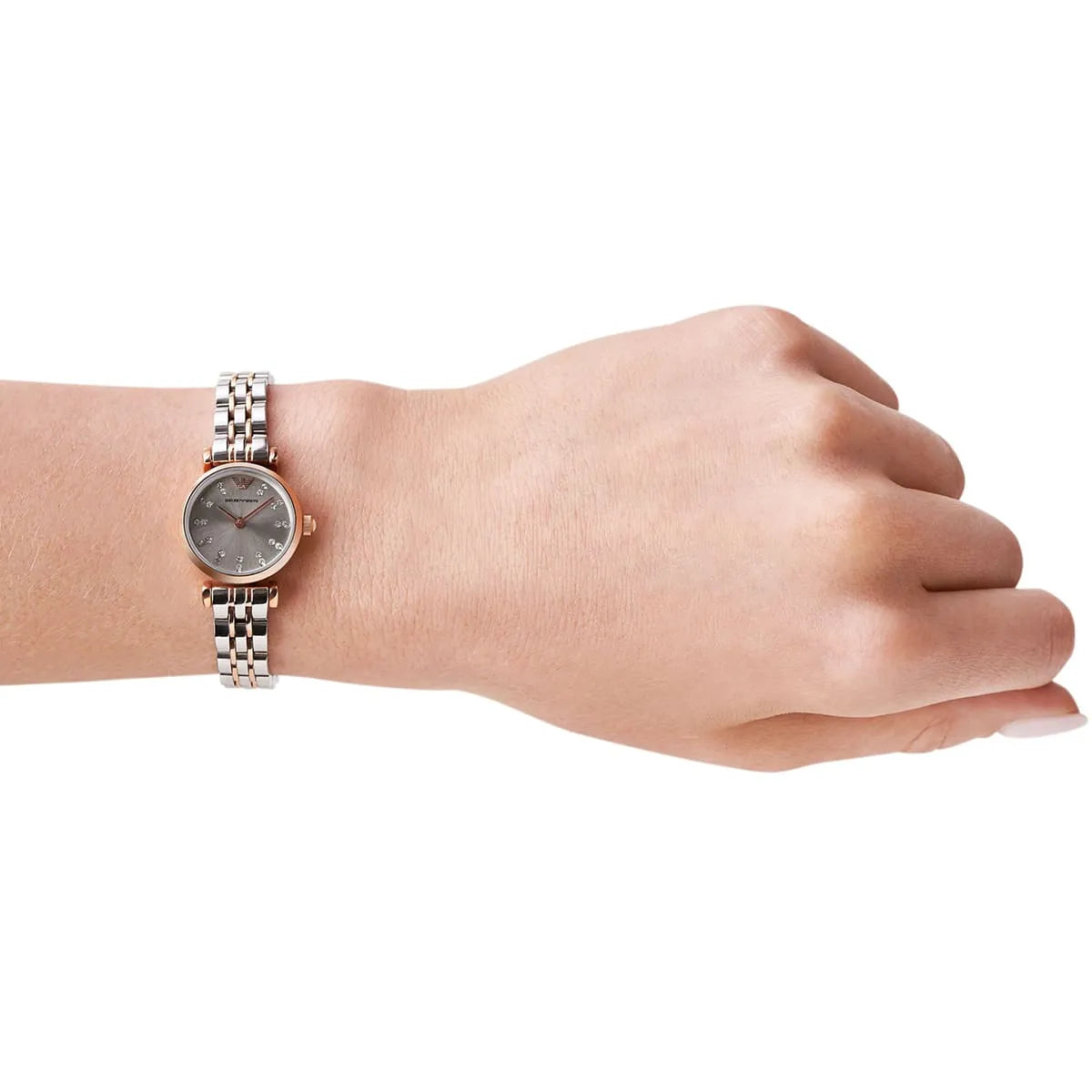 Emporio Armani AR1841 women's watch worn on wrist showing beige dial and two-tone bracelet