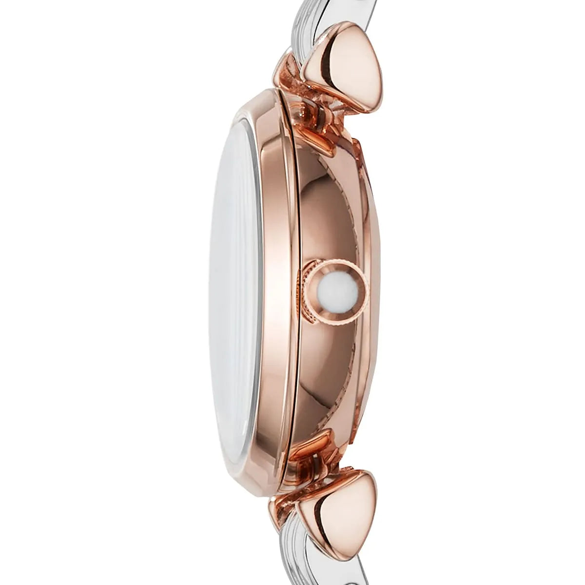 Side profile of AR1841 Emporio Armani watch showing rose gold case with two-tone steel strap